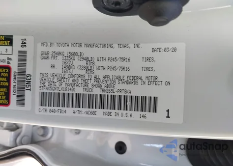 2020 Toyota Tacoma Sr z USA, uszkodzony, nr VIN 5TFAX5GN7LX181401